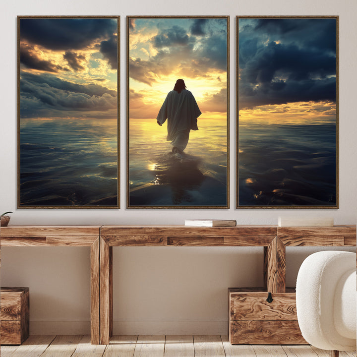 Jesus Walks Wall Art Canvas Print, Framed Divine Sunset Art Picture Print, Spiritual Light Perfect Spiritual Tranquil Decor Artwork