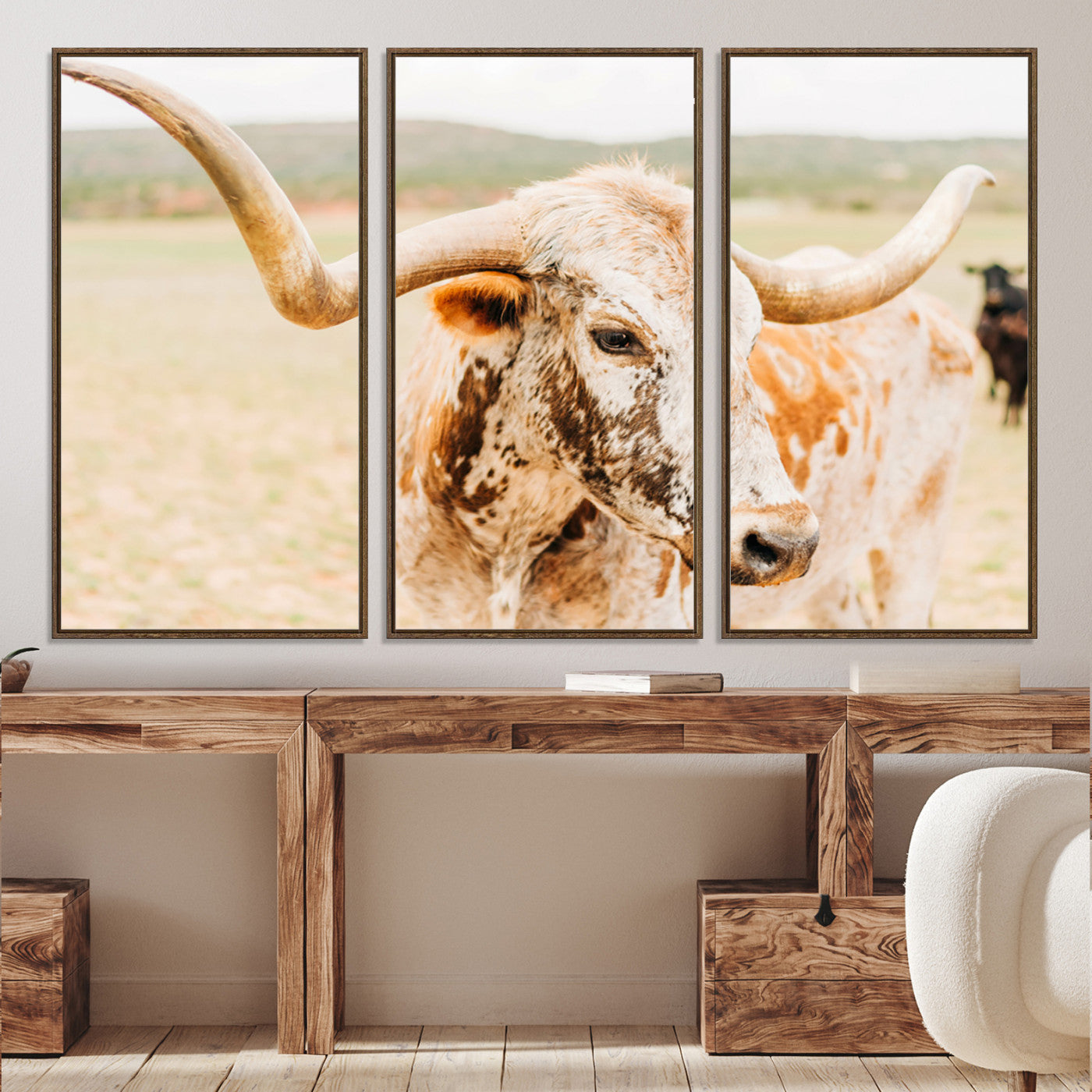 21060648-MGV-CV-36X24-Texas Longhorn Wall Art Canvas Print, Framed Speckled Cow Art Picture Print, Rustic Bull Perfect Rustic Western Decor, Framed Speckled Cow