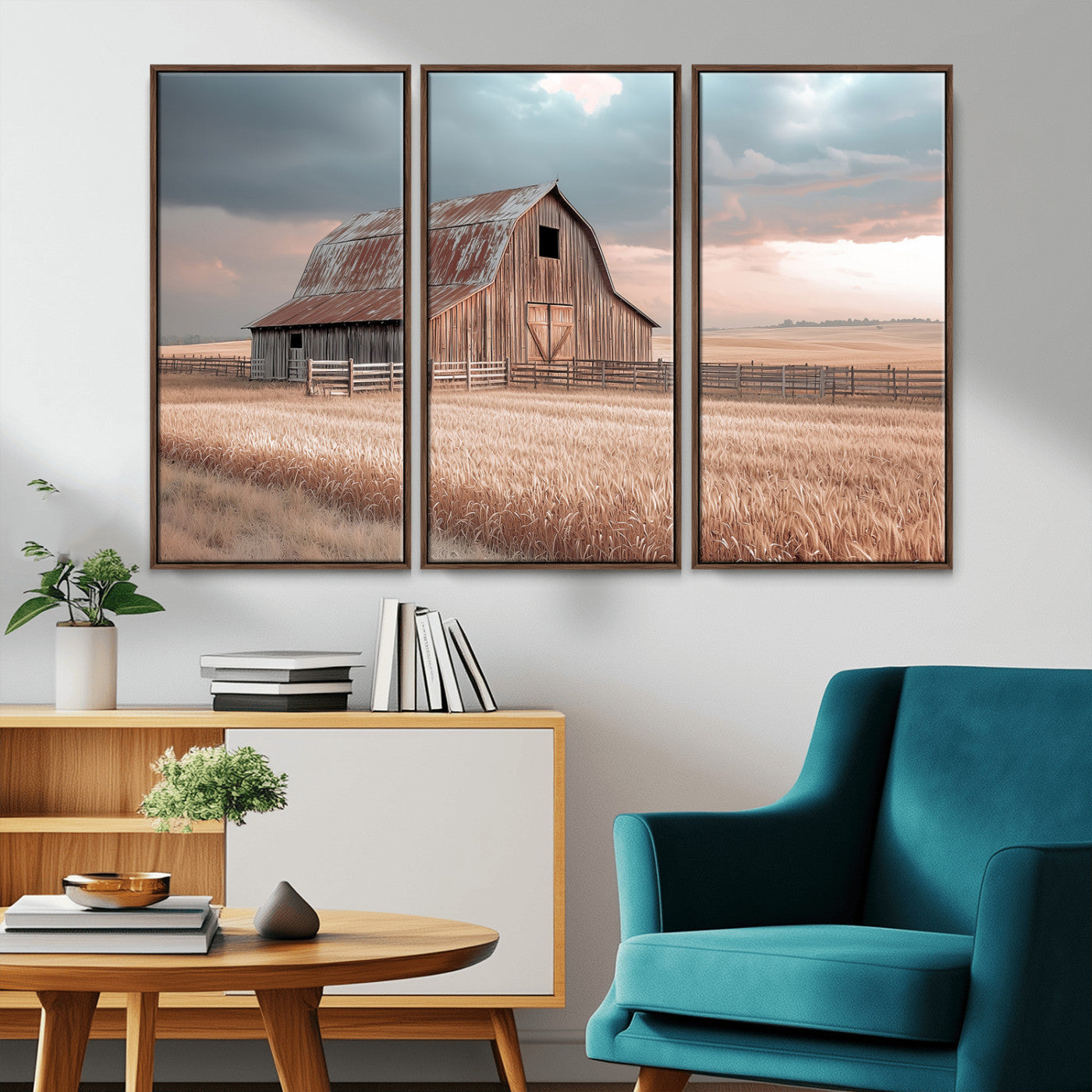 36878364-MGV-CV-48X32-3P-Rustic Barn Wall Art Canvas Print, Framed Wheat Field Art Picture Print, Sunset Barn Perfect Vintage Farmhouse Decor Artwork