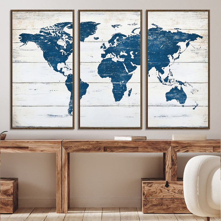 Rustic world map with blue continents on distressed wooden planks, perfect for coastal, explorer, or vintage-style wall decor.