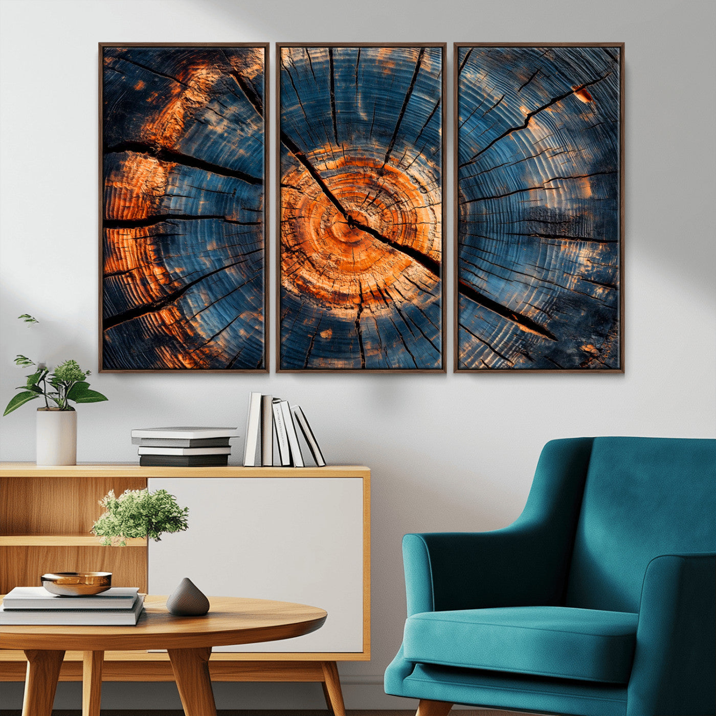 MGV-FC-48X32-3P - Burnt Wood Wall Art Canvas Print, Framed Aged Timber Art Picture Print, Rustic Tree Slice Perfect Rustic Decor Artwork