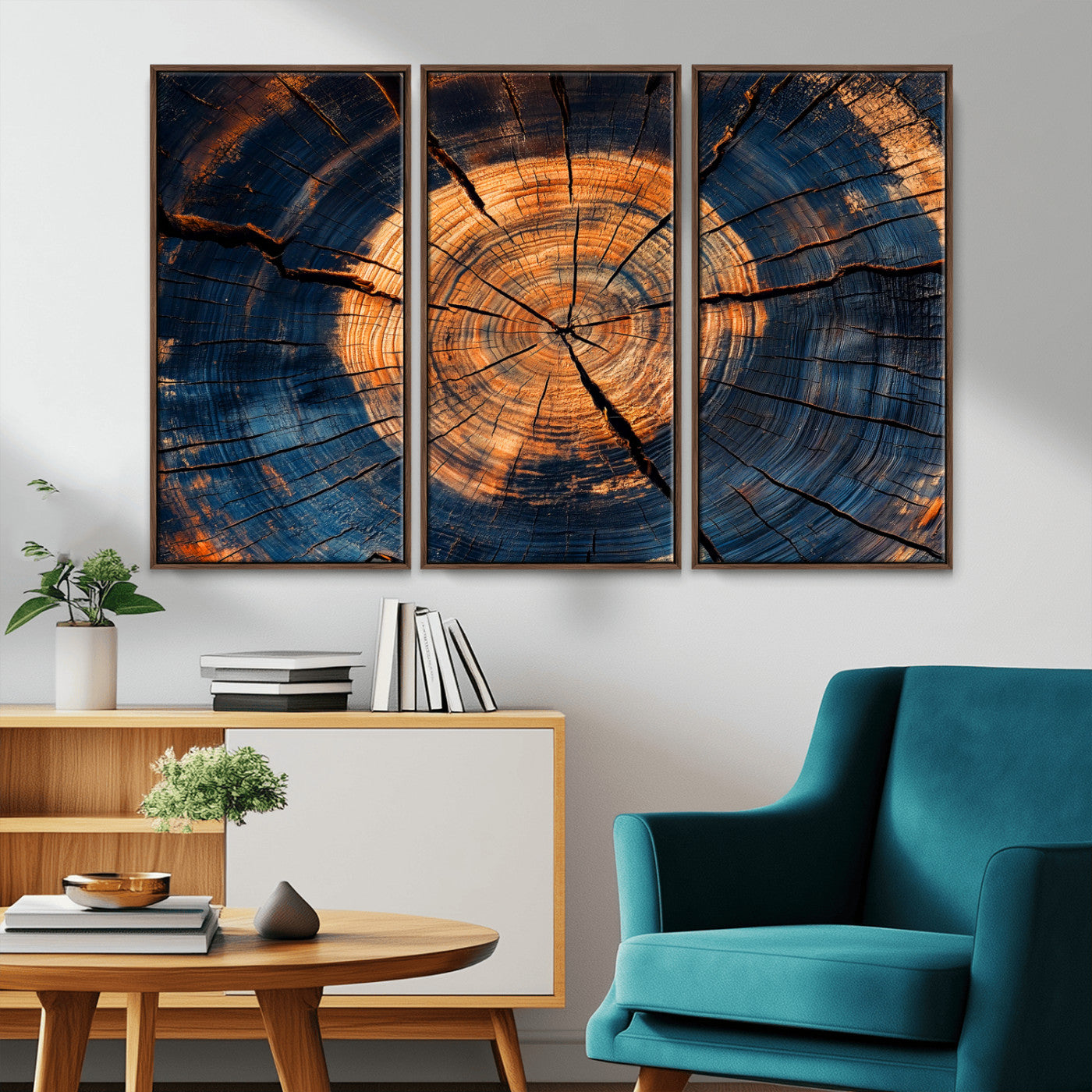 MGV-FC-48X32-3P - Burnt Wood Wall Art Canvas Print, Framed Aged Timber Art Picture Print, Rustic Tree Slice Perfect Rustic Decor Artwork