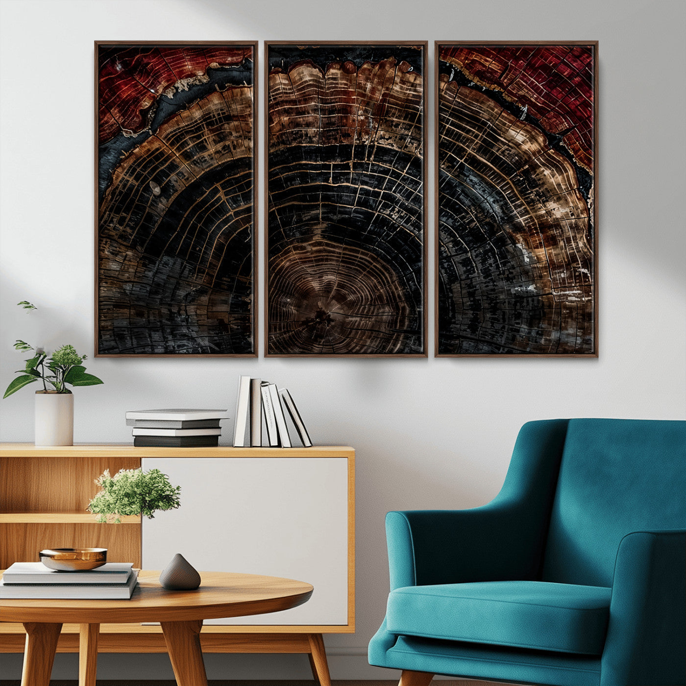 MGV-FC-48X32-3P - Dark Wood Ring Wall Art Canvas Print, Framed Abstract Wood Tree Art Picture Print, Rustic Tree Slice Perfect Rustic Decor Artwork