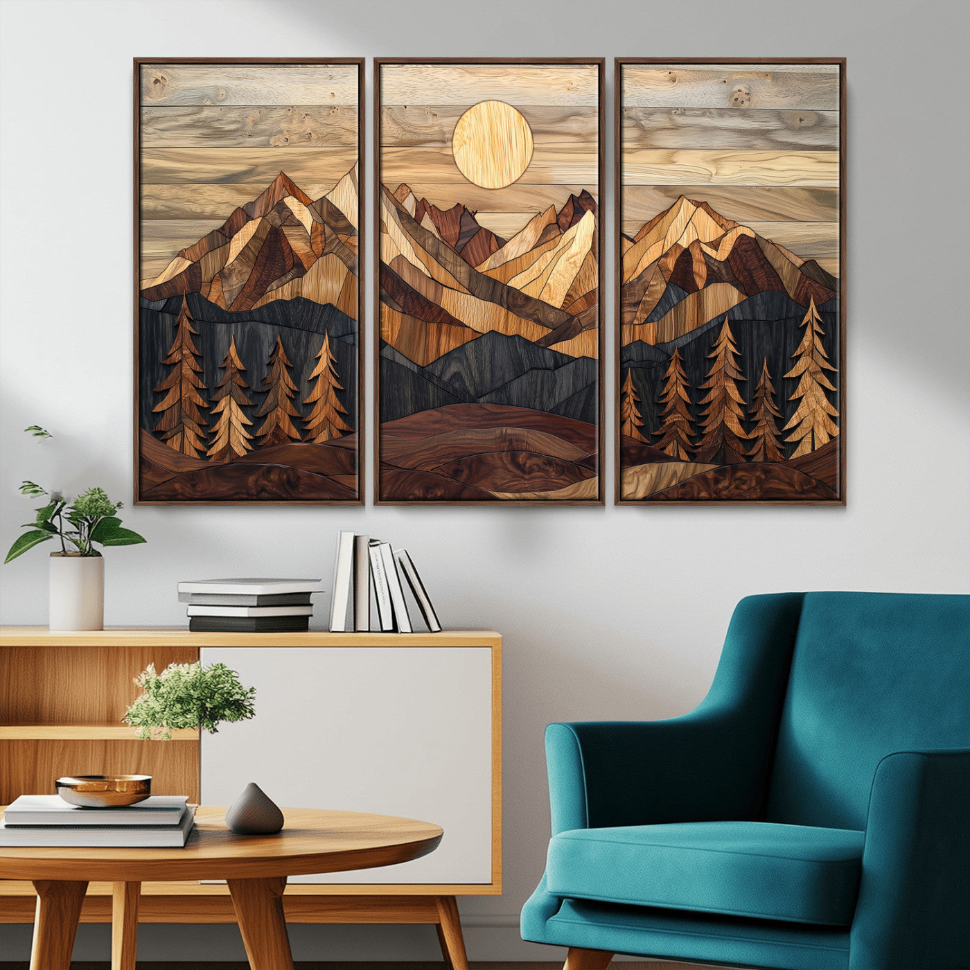 MGV-FC-48X32-3P - Wood Mountain Landscape Wall Art Canvas Print, Framed Sunset Hills Art Picture Print, Abstract Nature Perfect Boho Decor Artwork