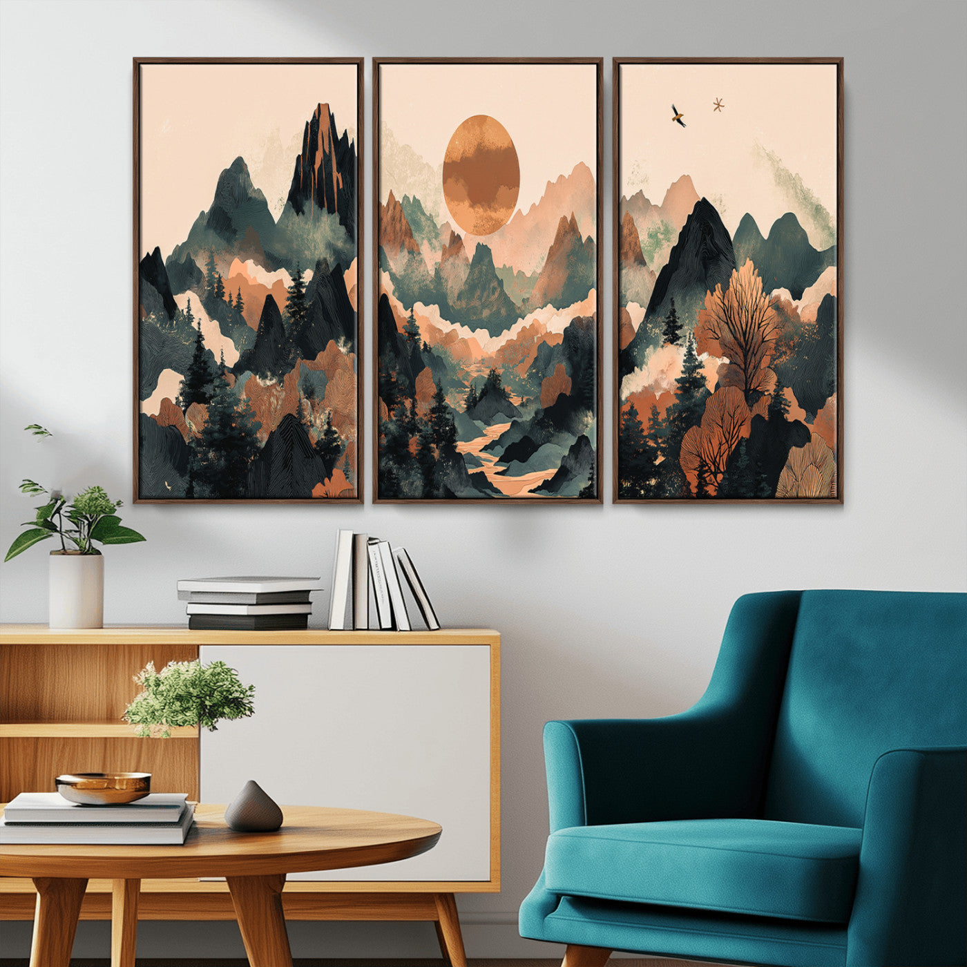 MGV-FC-48X32-3P - Wood Mountain Landscape Wall Art Canvas Print, Framed Sunset Hills Art Picture Print, Abstract Nature Perfect Boho Decor Artwork