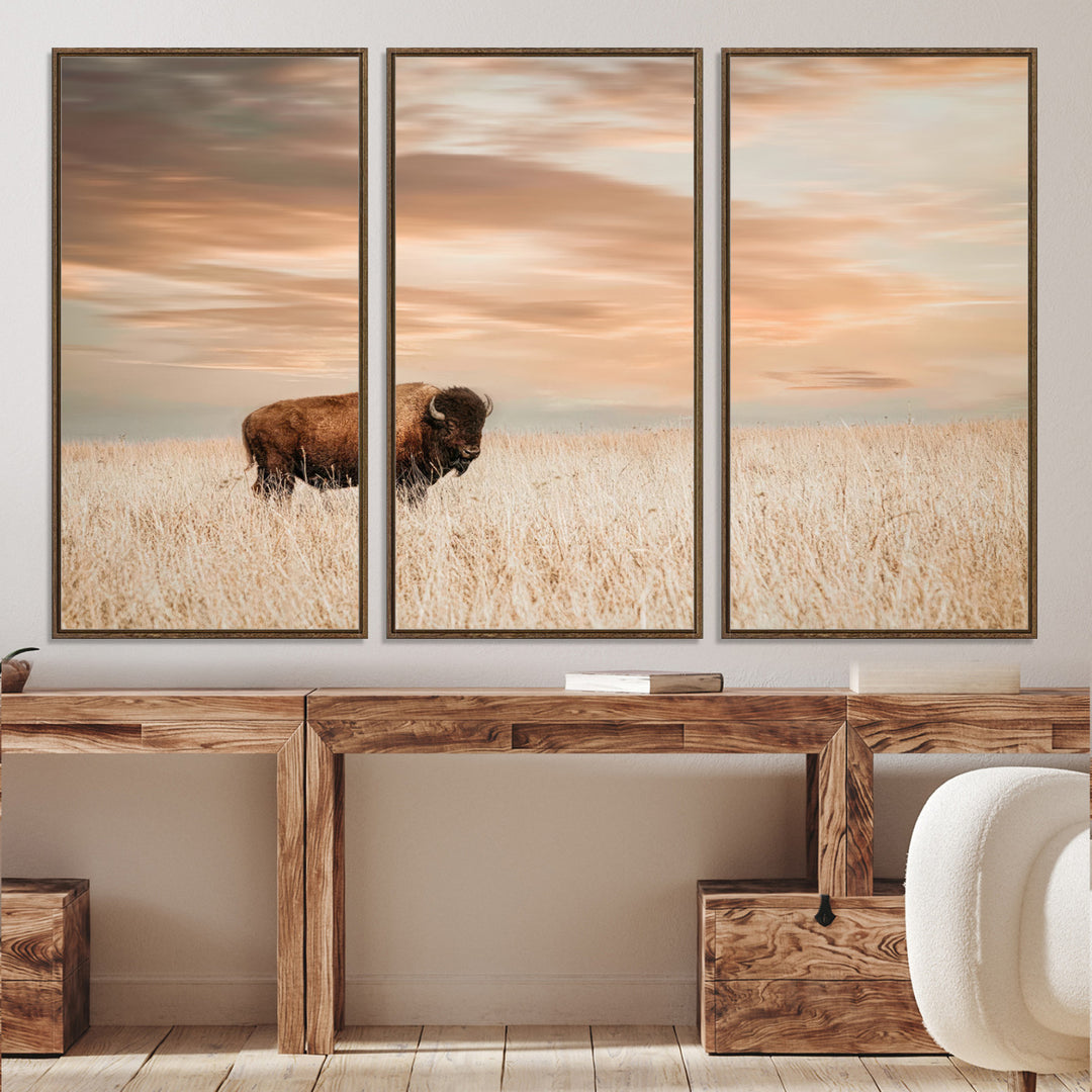 Bison Wall Art Canvas Print, Buffalo Print, Framed Western Prairie Art Print, Large Rustic Wildlife Printing Perfect for Rustic Decor