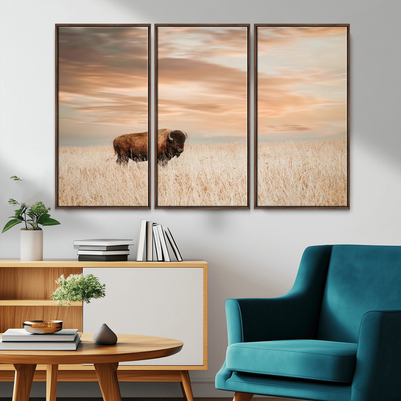 MGV-FC-48X32-3P - Bison Wall Art Canvas Print, Framed Buffalo Art Picture Print, Western Prairie Perfect Rustic Decor Artwork