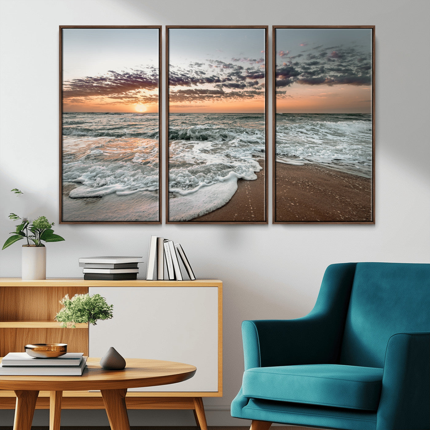 MGV-FC-48X32-3P - Ocean Sunset Wall Art Canvas Print, Framed Beach Waves Art Picture Print, Coastal Scene Perfect Coastal Decor Artwork