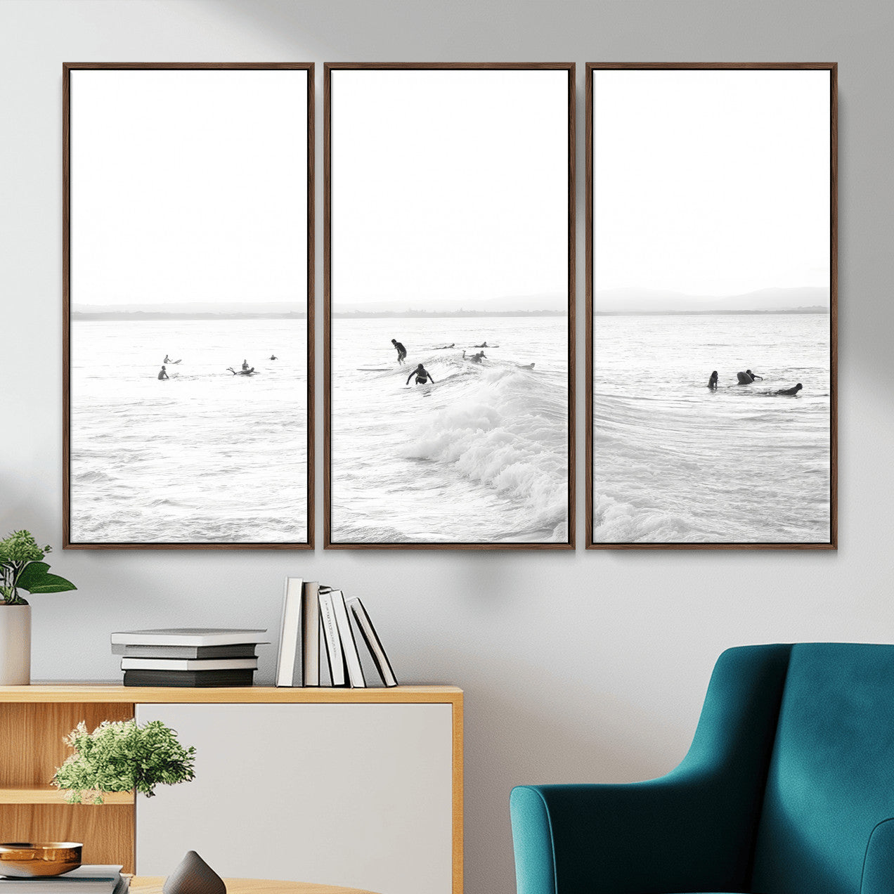 33449548-MGV-CV-36X24 - Surf Crowd Motion Wall Art – Active Surfers & Ocean Waves Canvas Print, Dynamic Water and Coastal Horizon for Living Room or Sea Adventure Decor