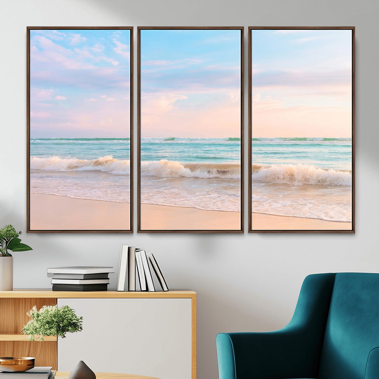 74679437-MGV-CV-36X24 - Serene Waves Wall Art – Golden Shore & Soft Pastel Sky Canvas Print, Gentle Ocean and Peaceful Sunset for Living Room or Office