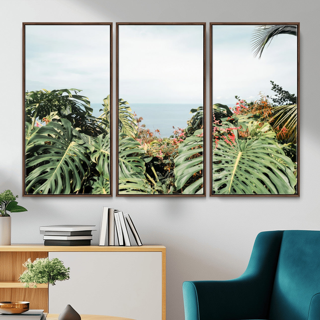 45700479-MGV-CV-36X24 - Tropical Greenery Wall Art – Exotic Leaves & Ocean View Canvas Print, Sunlit Paradise and Vibrant Nature for Living Room or Coastal Decor
