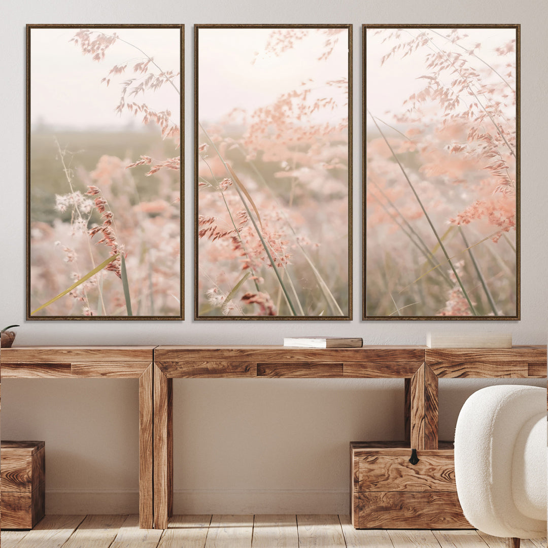 Pastel Grasses Wall Art Canvas Print, Soft Meadow Print, Framed Field in Breeze Art Print, Large Pink Meadow Printing Soft Pastel