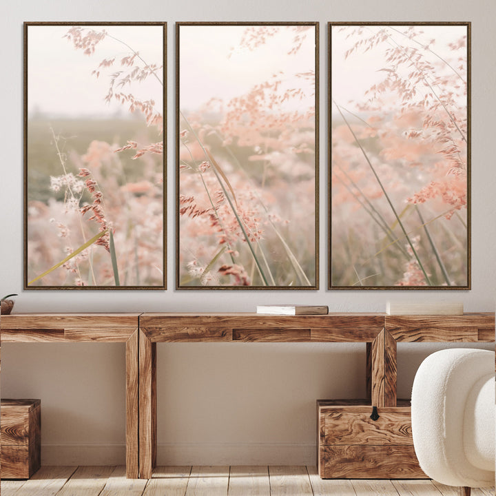 Pastel Grasses Wall Art Canvas Print, Soft Meadow Print, Framed Field in Breeze Art Print, Large Pink Meadow Printing Soft Pastel