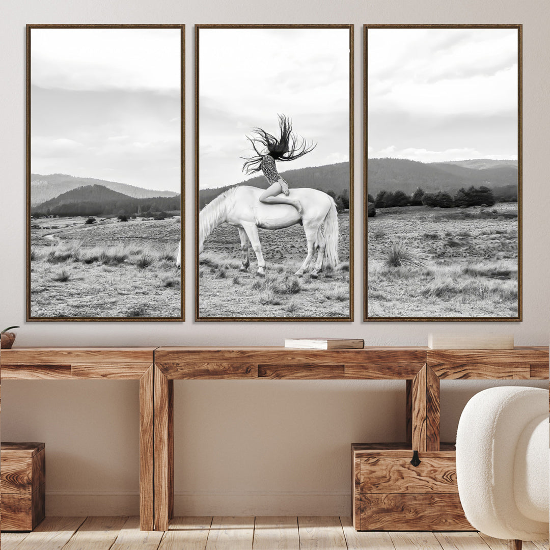 White Horse Wall Art Canvas Print, Woman Rider Print, Framed Equestrian Pose Art Print, Large Grazing Horse Printing Western Boho