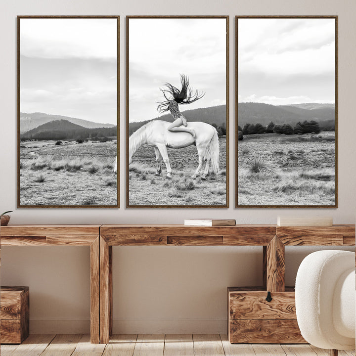 White Horse Wall Art Canvas Print, Woman Rider Print, Framed Equestrian Pose Art Print, Large Grazing Horse Printing Western Boho