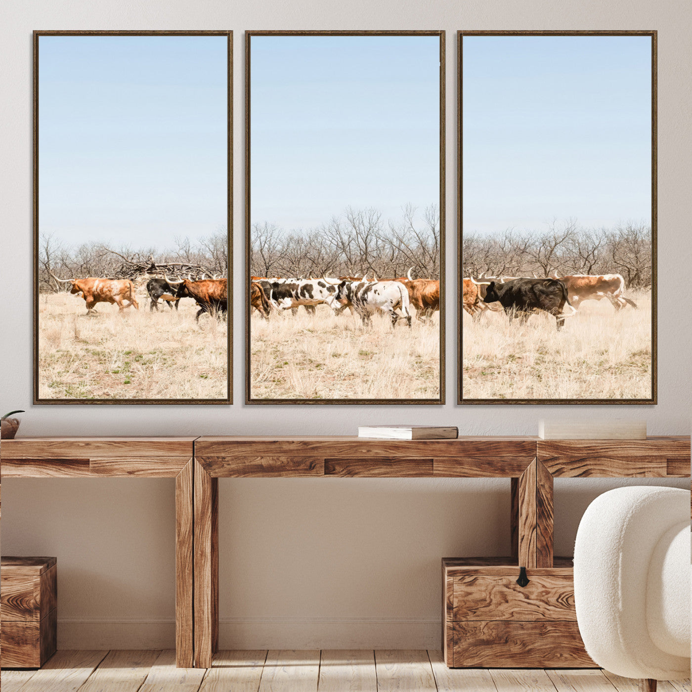 16563092-MGV-CV-36X24-Texas Longhorns Wall Art Canvas Print, Western Cattles Print Wall Art, Framed Rustic Herd Art Print, Large Country Cows Printing Rustic