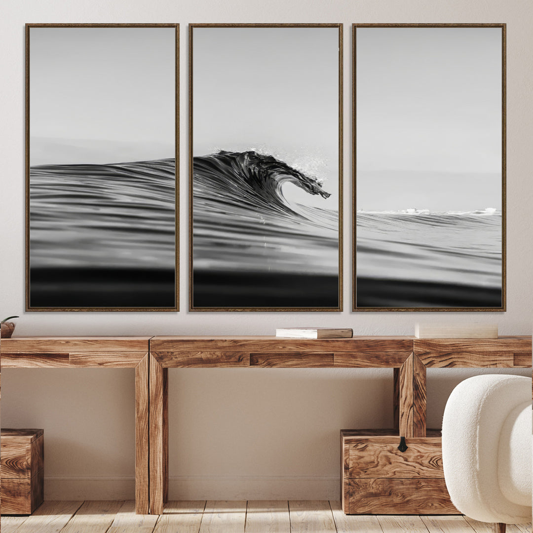 Black Wave Wall Art Canvas Print, Abstract Surf Print, Framed Minimalist Ocean Art Print, Large Black Water Printing Minimalist