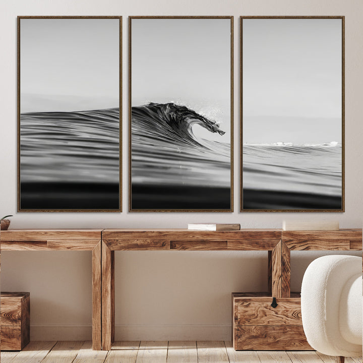 Black Wave Wall Art Canvas Print, Abstract Surf Print, Framed Minimalist Ocean Art Print, Large Black Water Printing Minimalist