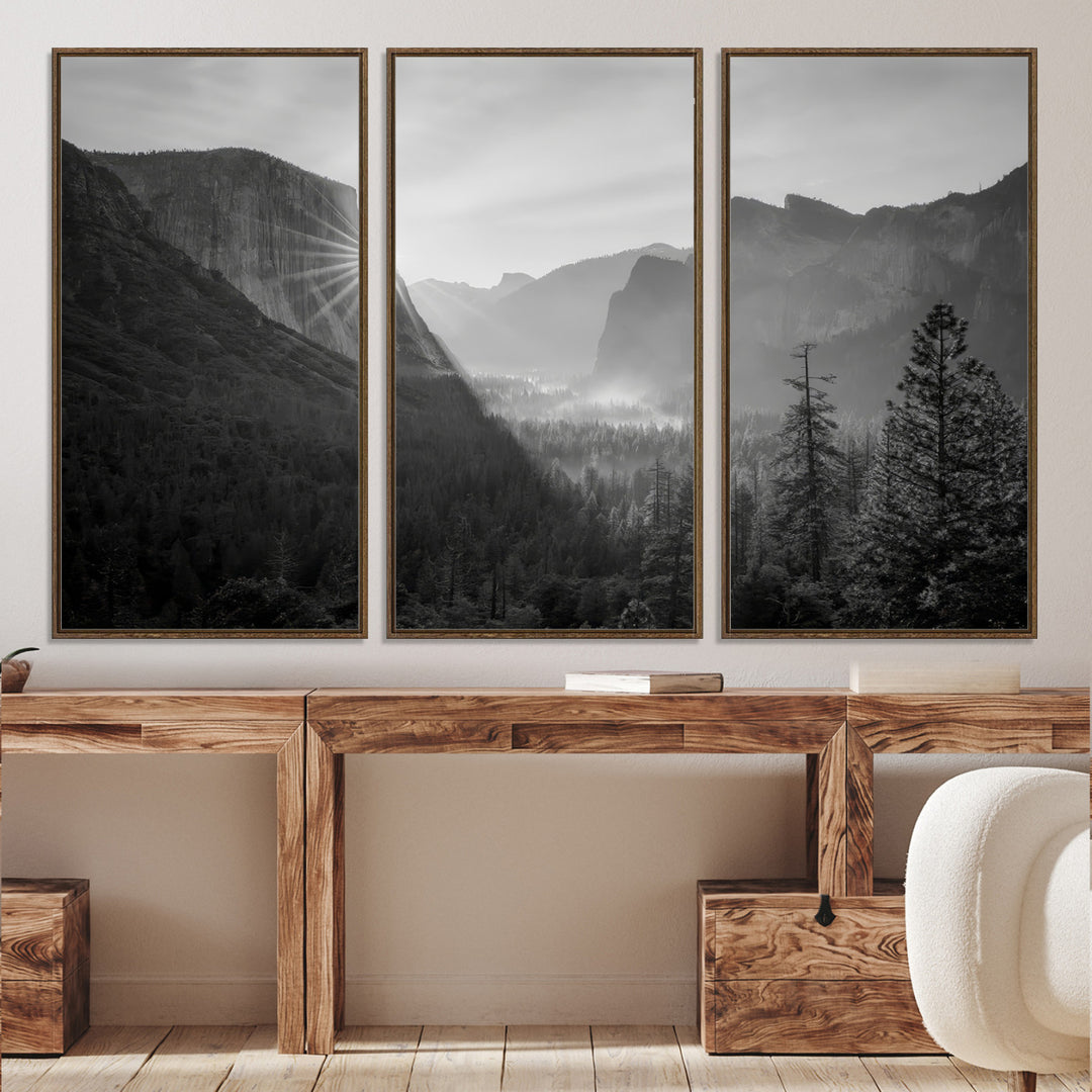 Yosemite Valley Wall Art Canvas Print, El Capitan Sunrise Print, Framed Misty Mountain Art Print, Large Monochrome Valley Printing