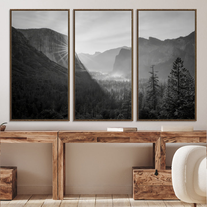 Yosemite Valley Wall Art Canvas Print, El Capitan Sunrise Print, Framed Misty Mountain Art Print, Large Monochrome Valley Printing