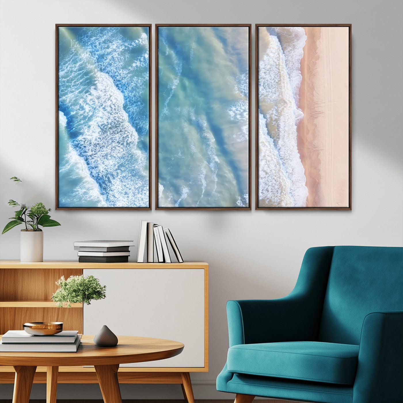 MGV-FC-48X32-3P - Aerial Ocean View Wall Art Canvas Print, Framed Soft Blue Waves Art Picture Print, Sandy Shoreline Perfect Modern Coastal Decor Artwork