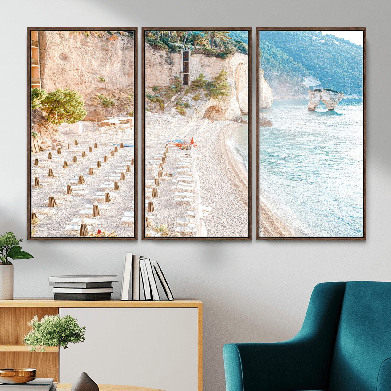 84816639-MGV-CV-36X24 - Sunny Beach Wall Art – Chairs & Umbrellas Canvas Print, Clear Water, Rocky Cliffs, Coastal Calm for Living Room or Vacation Home Decor