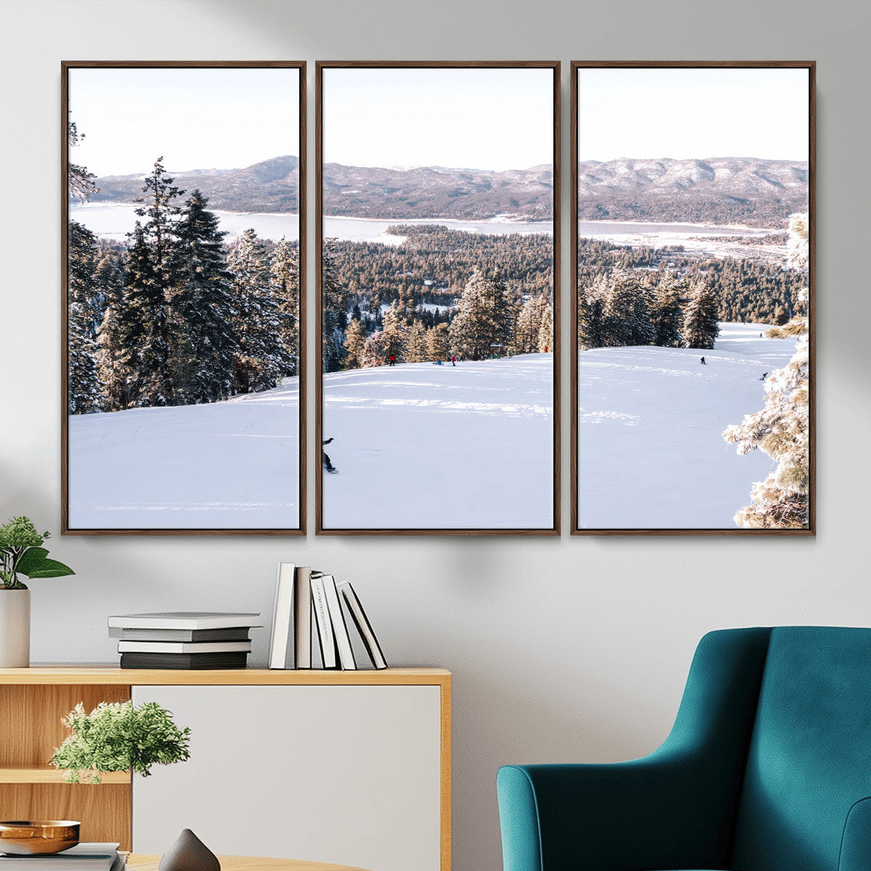 79857868-MGV-CV-36X24 - Snowboarder Wall Art – Winter Slope Canvas Print, Pine Forest, Snow-Covered Mountains, Outdoor Adventure for Living Room or Cabin Decor