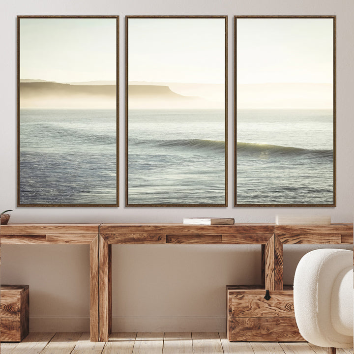 Canvas of a misty ocean scene with coastal cliffs and soft neutral tones, ideal for Scandinavian coastal or minimalist nature-inspired home decor.