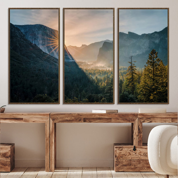 Canvas of Yosemite Valley at sunrise with dramatic rays and earthy tones, perfect for vintage explorer or wilderness-themed home decor.