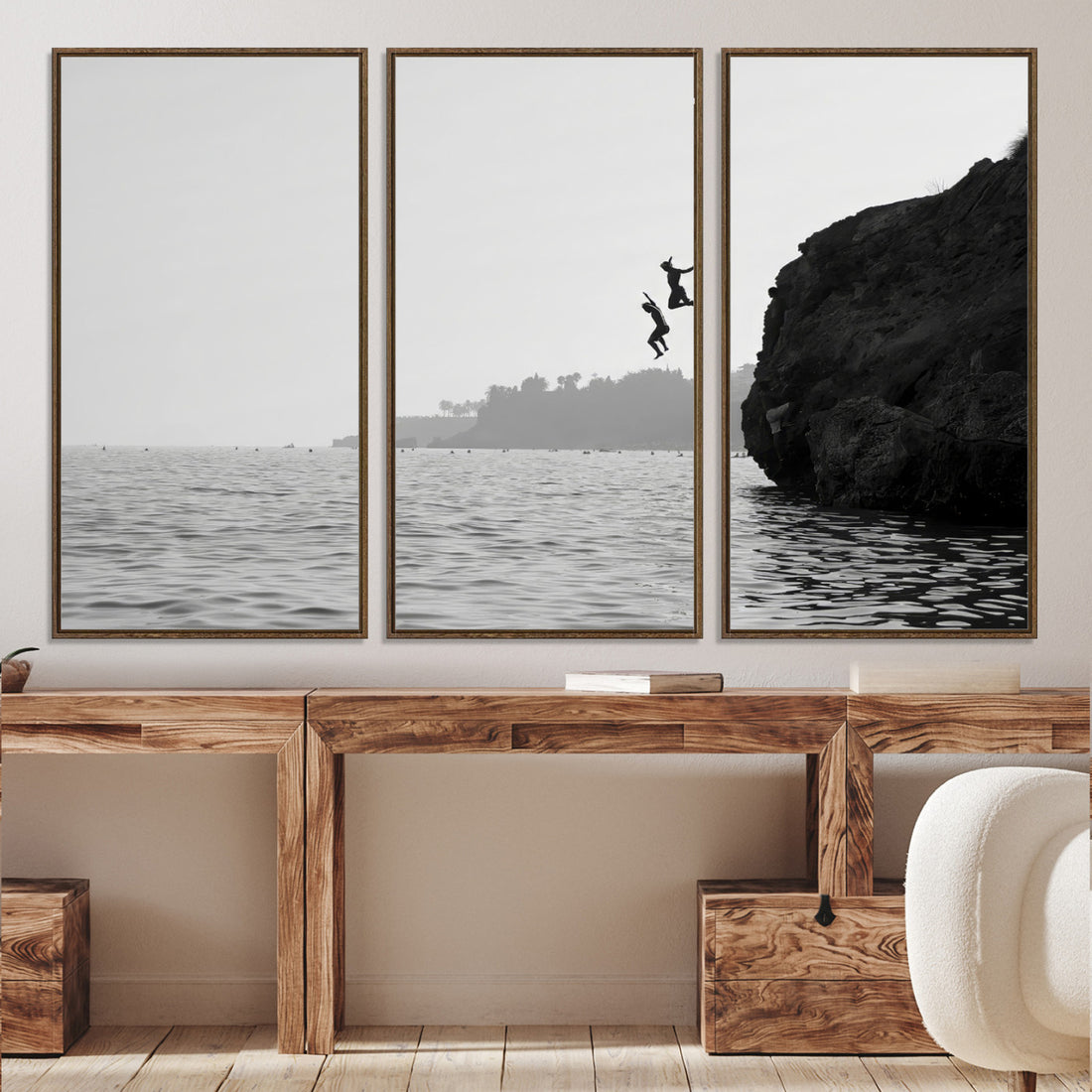 Jumping Wall Art Canvas Print, Framed Coastal Ocean Cliff Diving Scene