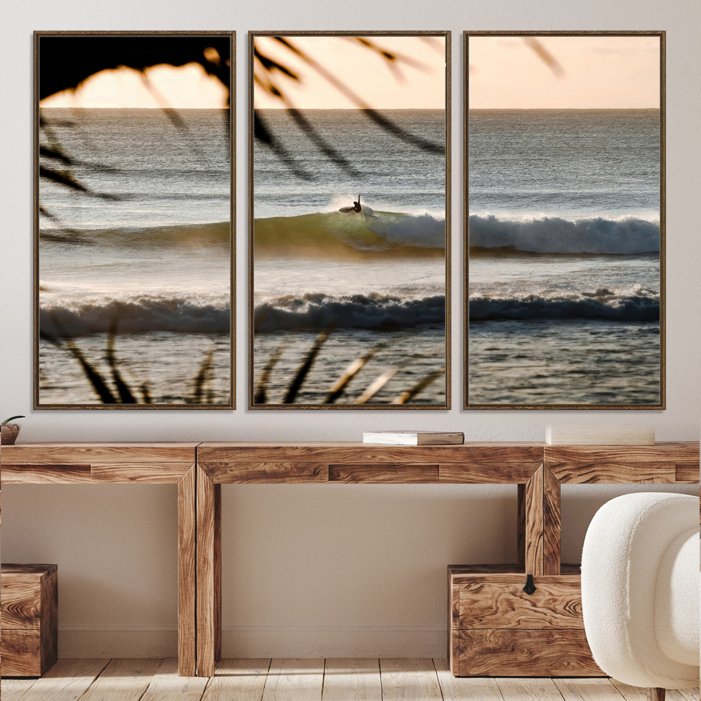 24896468-MGV-CV-36X24-Sunset Surf Wall Art Canvas Print, Framed Golden Hour Art Picture Print, Waves Perfect Boho Decor, Framed Sunset Surf Canvas