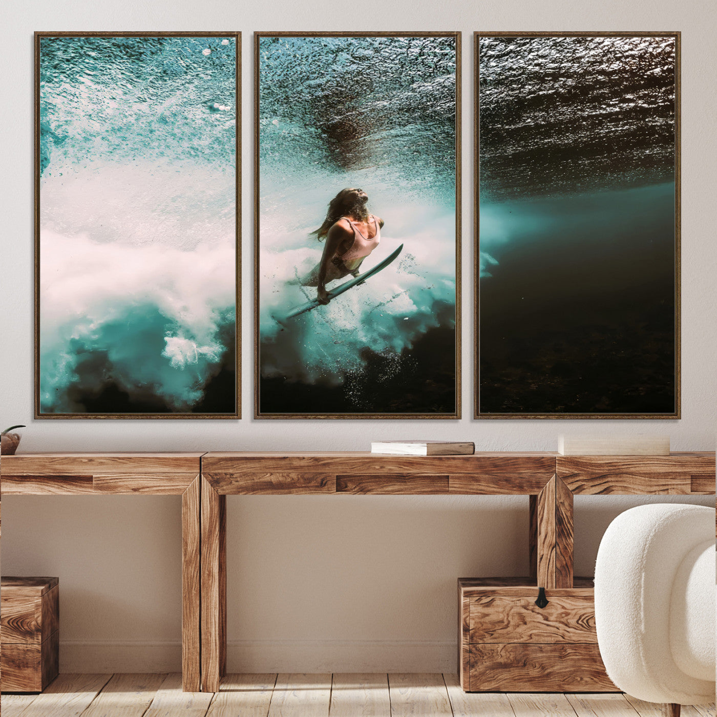 85923512-MGV-CV-40X27-Vibrant Aquatic Motion Wall Art Canvas Print, Framed Underwater Swimming Art Picture Print, Female Surfer Diving Perfect Coastal Boho Decor,
