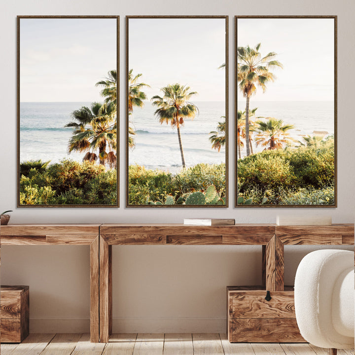 Framed print of sunlit palm trees on the California coast with warm tones, perfect for coastal minimalist or beach-style home decor.