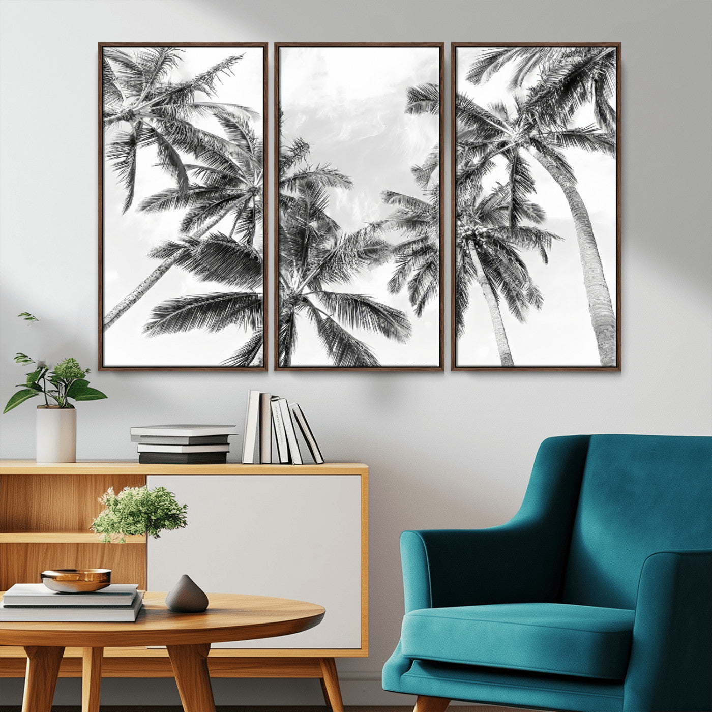 MGV-FC-48X32-3P - Black White Palm Wall Art Canvas Print, Framed Monochrome Tropics Art Picture Print, Minimalist Beach Perfect Coastal Minimalist Decor Artwork