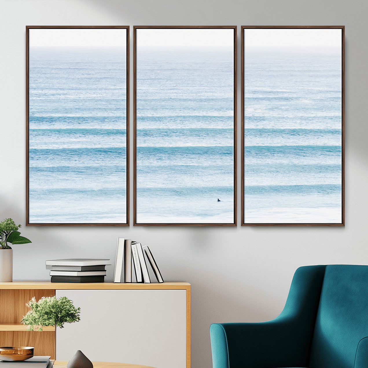 77145995-MGV-CV-36X24-Ocean Wave Surfer Wall Art – Framed Minimal Seascape Canvas Artwork, Calm Blue Water Design, Coastal Decor for Home, Office