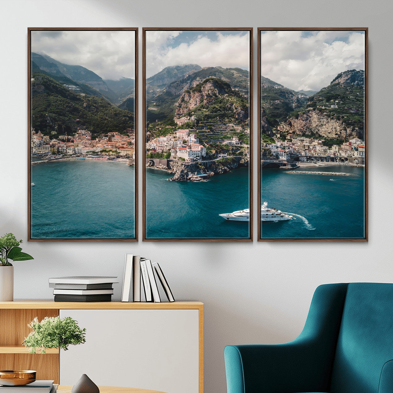 20321590-MGV-CV-36X24-Amalfi Coast Wall Art – Framed Italian Seaside Canvas Artwork, Mediterranean Landscape Design, Coastal Decor for Home, Office