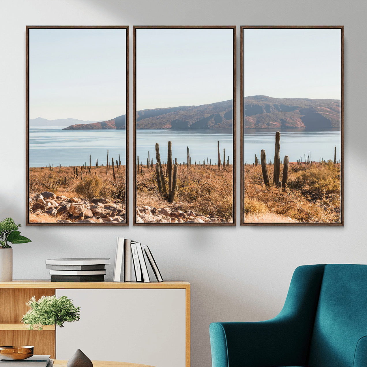 MGV-FC-48X32-3P - Desert Cactus Wall Art Canvas Print, Framed Baja Coastline Art Picture Print, Coastal Desert Perfect Southwestern Minimalist Decor Artwork