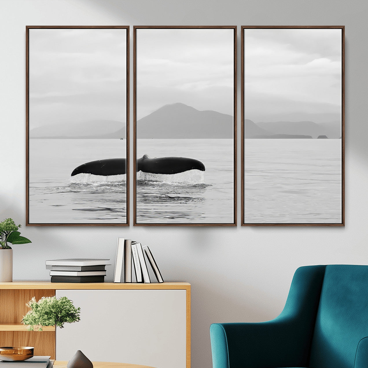 MGV-FC-48X32-3P - Whale Tail Wall Art Canvas Print, Framed Black White Ocean Art Picture Print, Calm Marine Perfect Minimalist Coastal Decor Artwork