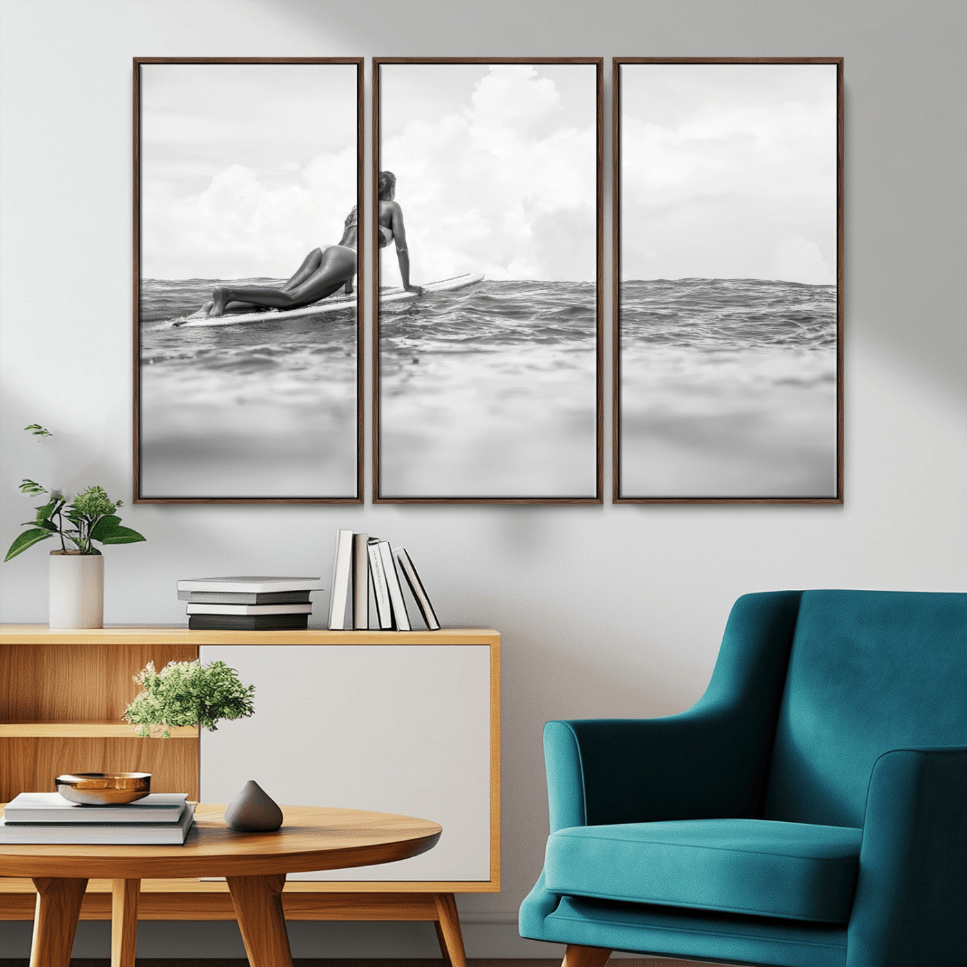 69798068-MGV-CV-36X24-Black and White Surfing Wall Art Canvas Print – Framed Ocean Horizon with Surfer Girl Coastal Adventure Artwork for Home, Office