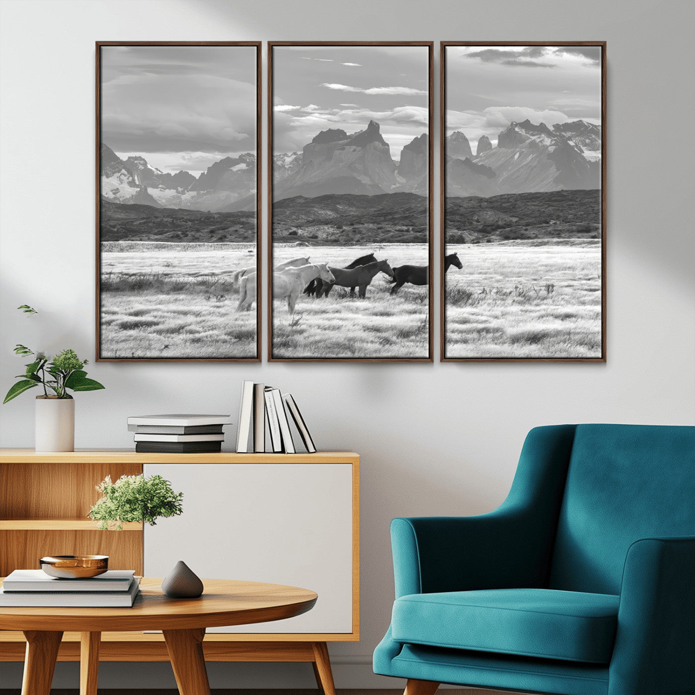 MGV-FC-48X32-3P - Wild Horses Wall Art Canvas Print, Framed Black White Mountains Art Picture Print, Rustic Countryside Perfect Rustic Western Decor Artwork