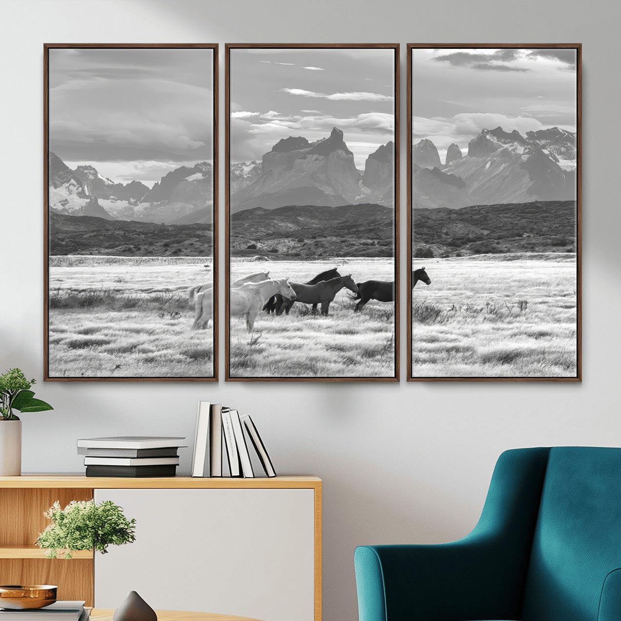MGV-FC-48X32-3P - Wild Horses Wall Art Canvas Print, Framed Black White Mountains Art Picture Print, Rustic Countryside Perfect Rustic Western Decor Artwork