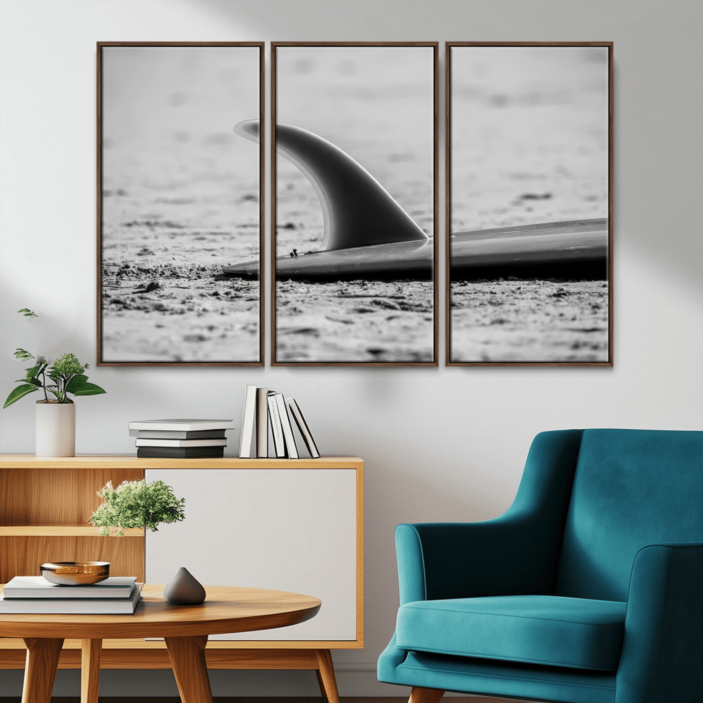MGV-FC-48X32-3P - Black White Surfboard Wall Art Canvas Print, Framed Minimalist Beach Art Picture Print, Surf Fin Perfect Minimalist Coastal Decor Artwork