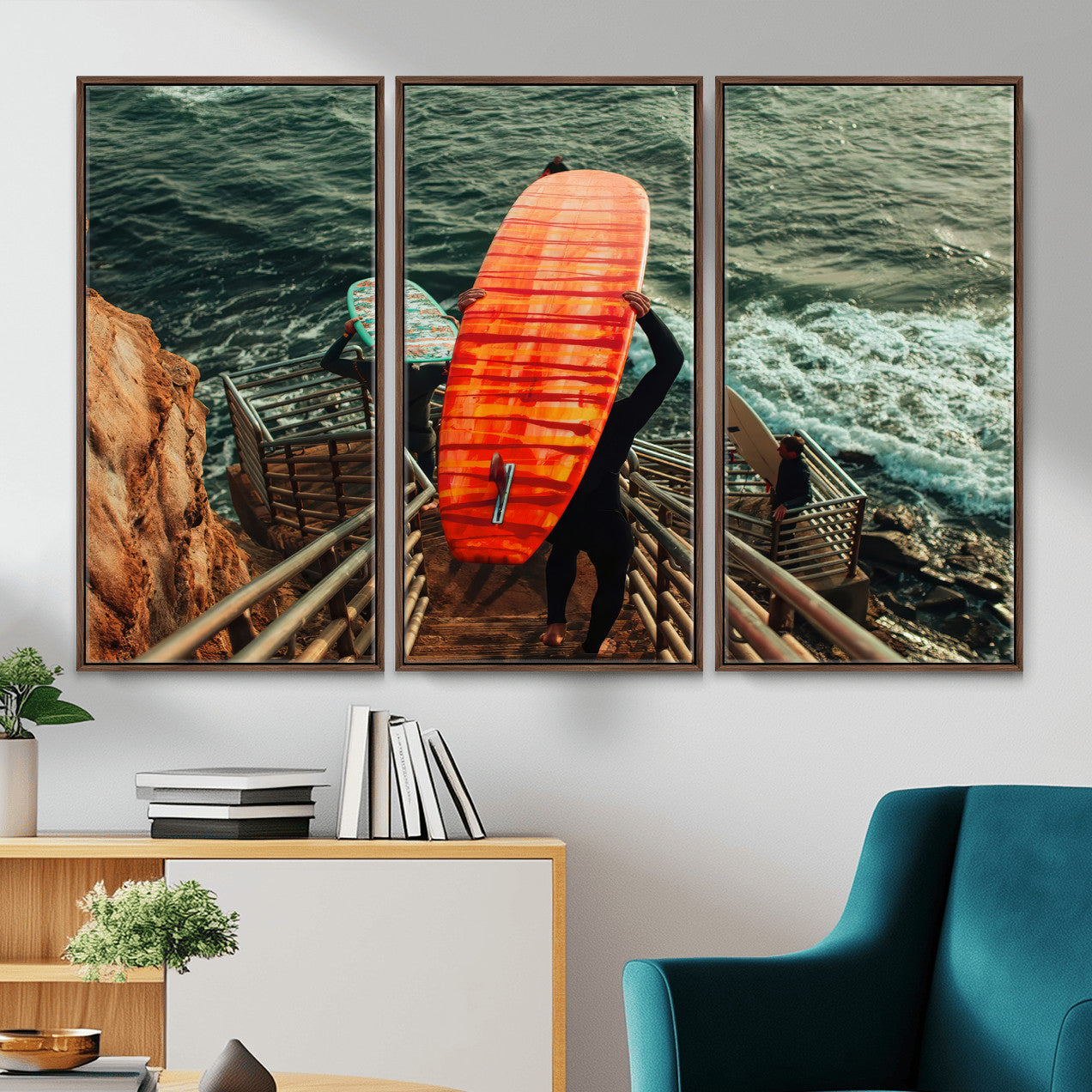 MGV-FC-48X32-3P - Surfer Stairway Wall Art Canvas Print, Framed Ocean Surf Art Picture Print, Sunset Coastal Perfect Coastal Adventure Decor Artwork