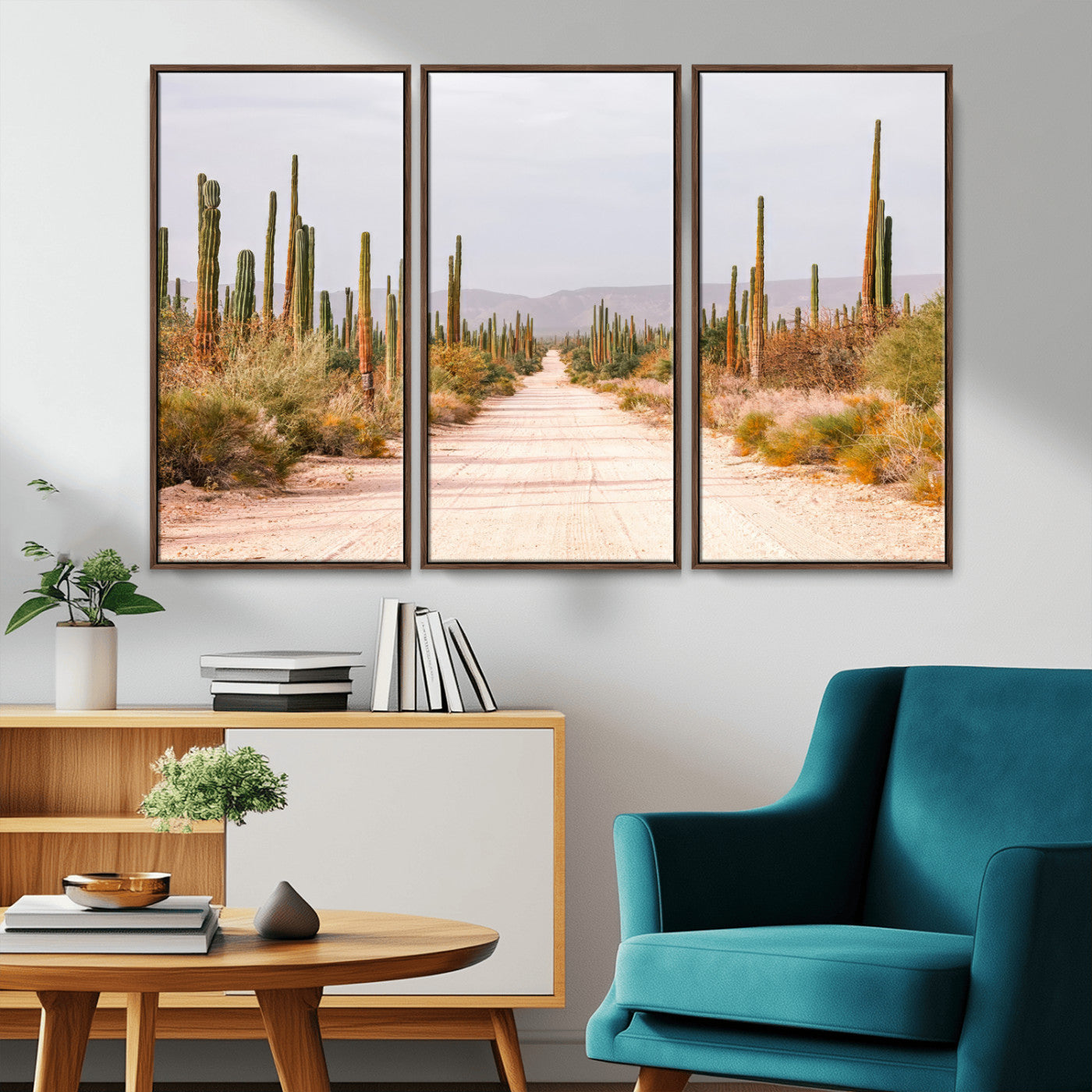 MGV-FC-48X32-3P - Desert Cactus Lined Road Wall Art Canvas Print, Framed Southwestern Landscape Art Picture Print, Bohemian Western Aesthetic Perfect Southwestern Boho Decor Artwork