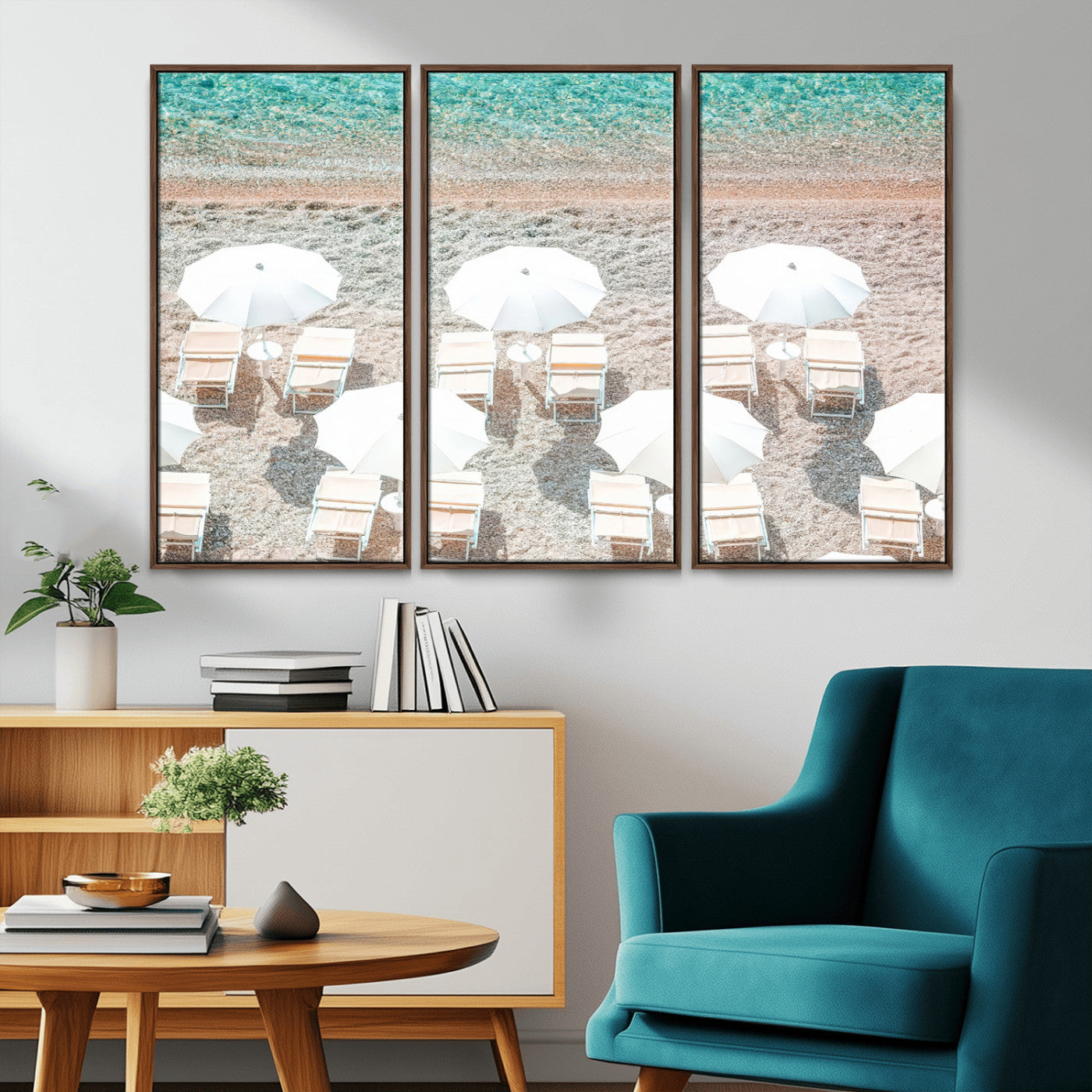 MGV-FC-48X32-3P - Calm Beach Wall Art Canvas Print, Framed Turquoise Water Art Picture Print, Umbrella Shoreline Perfect Coastal Minimalist Decor Artwork