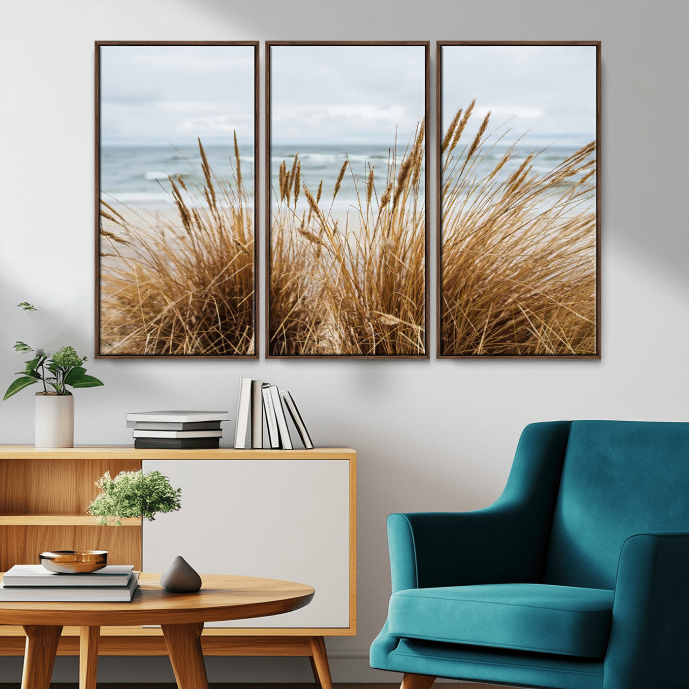 MGV-FC-48X32-3P - Beach Grass Wall Art Canvas Print, Framed Coastal Dunes Art Picture Print, Dune Grass Perfect Coastal Minimalist Decor Artwork