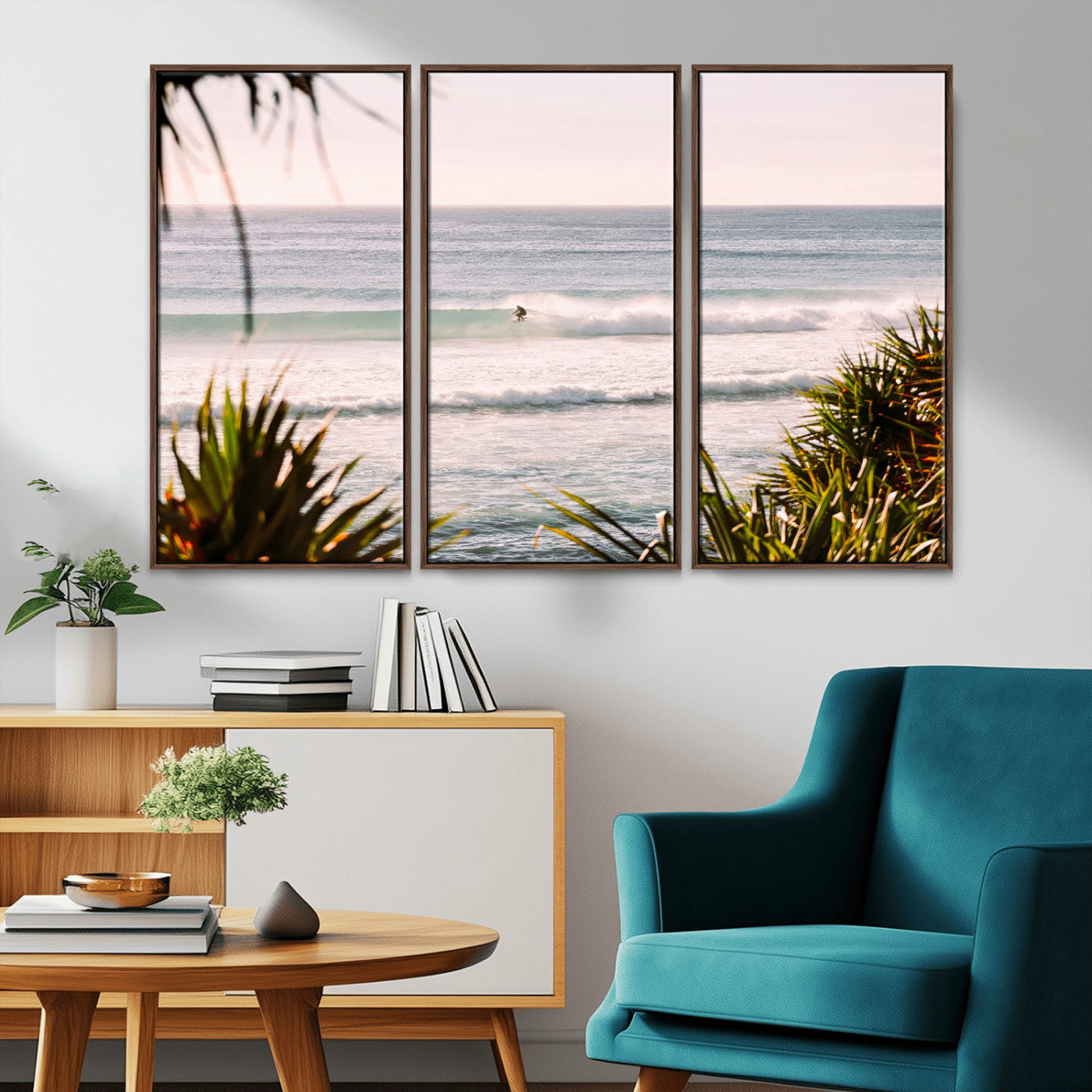 MGV-FC-48X32-3P - Ocean Surfer Wall Art Canvas Print, Framed Coastal Surf Art Picture Print, Tropical Beach Perfect Tropical Coastal Decor Artwork