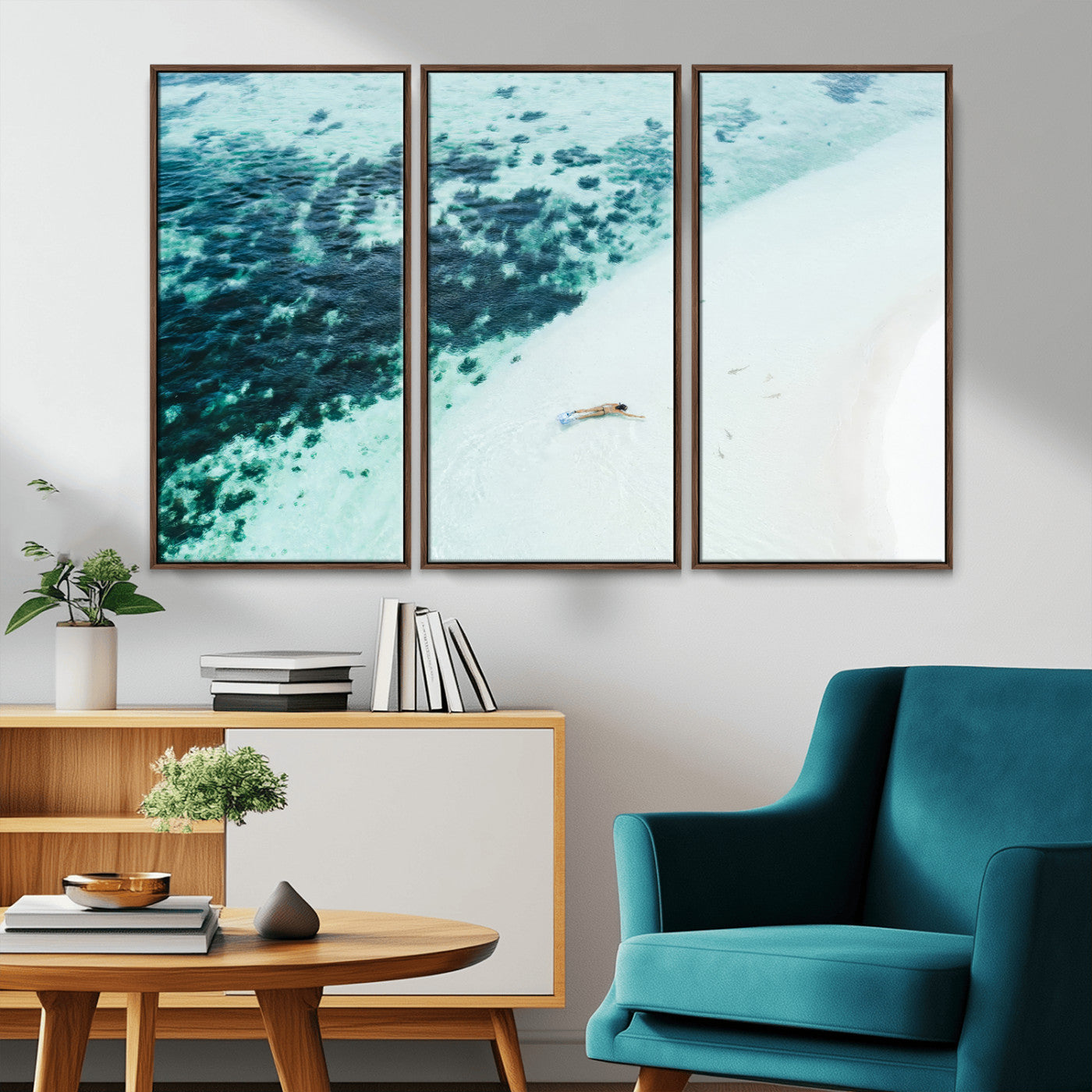 MGV-FC-48X32-3P - Minimal Beach Wall Art Canvas Print, Framed Ocean Swimming Art Picture Print, Clear Ocean Perfect Minimal Coastal Decor Artwork