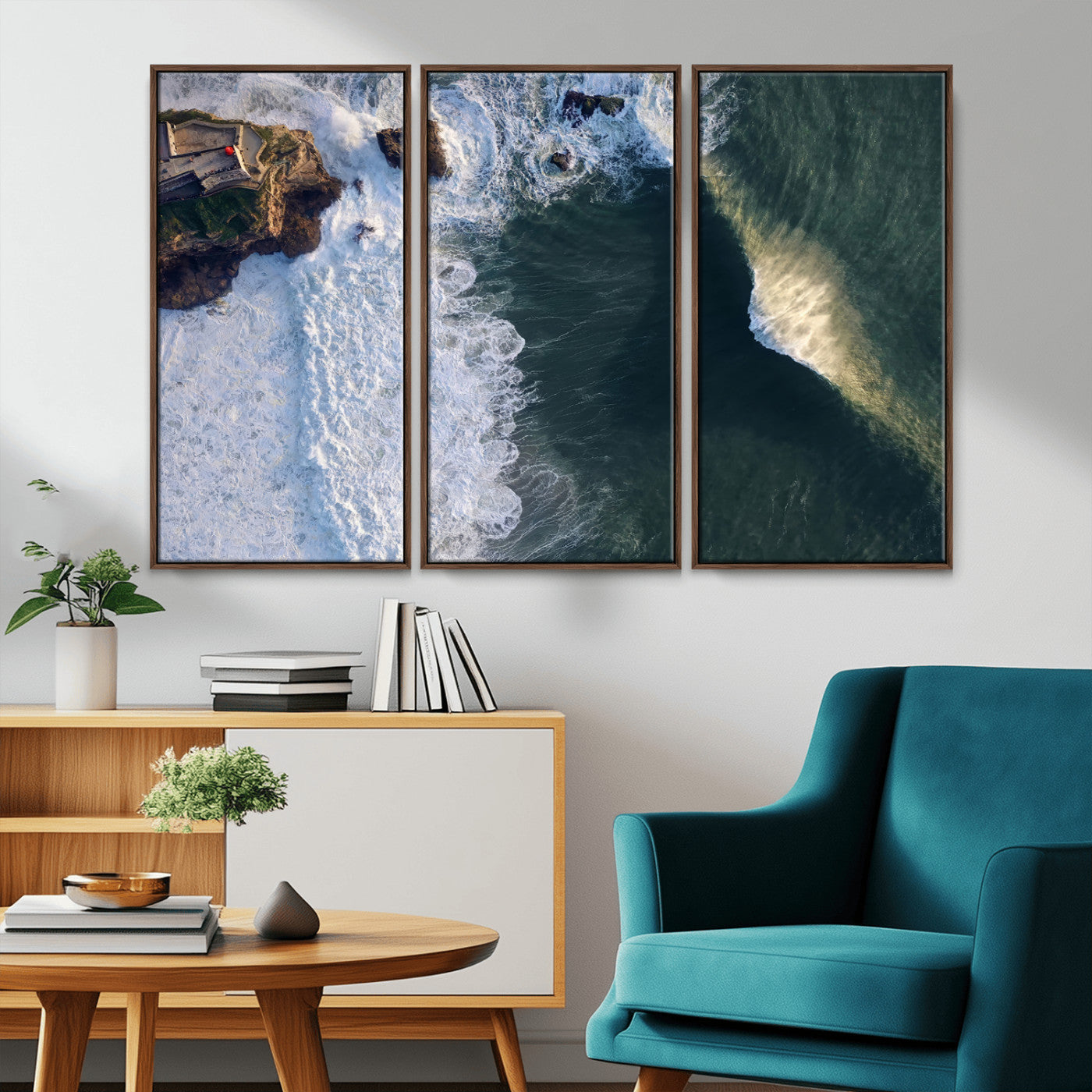 MGV-FC-48X32-3P - Nazaré Coast Wall Art Canvas Print, Framed Aerial Ocean Art Picture Print, Coastal Fortress Perfect Dramatic Coastal Decor Artwork