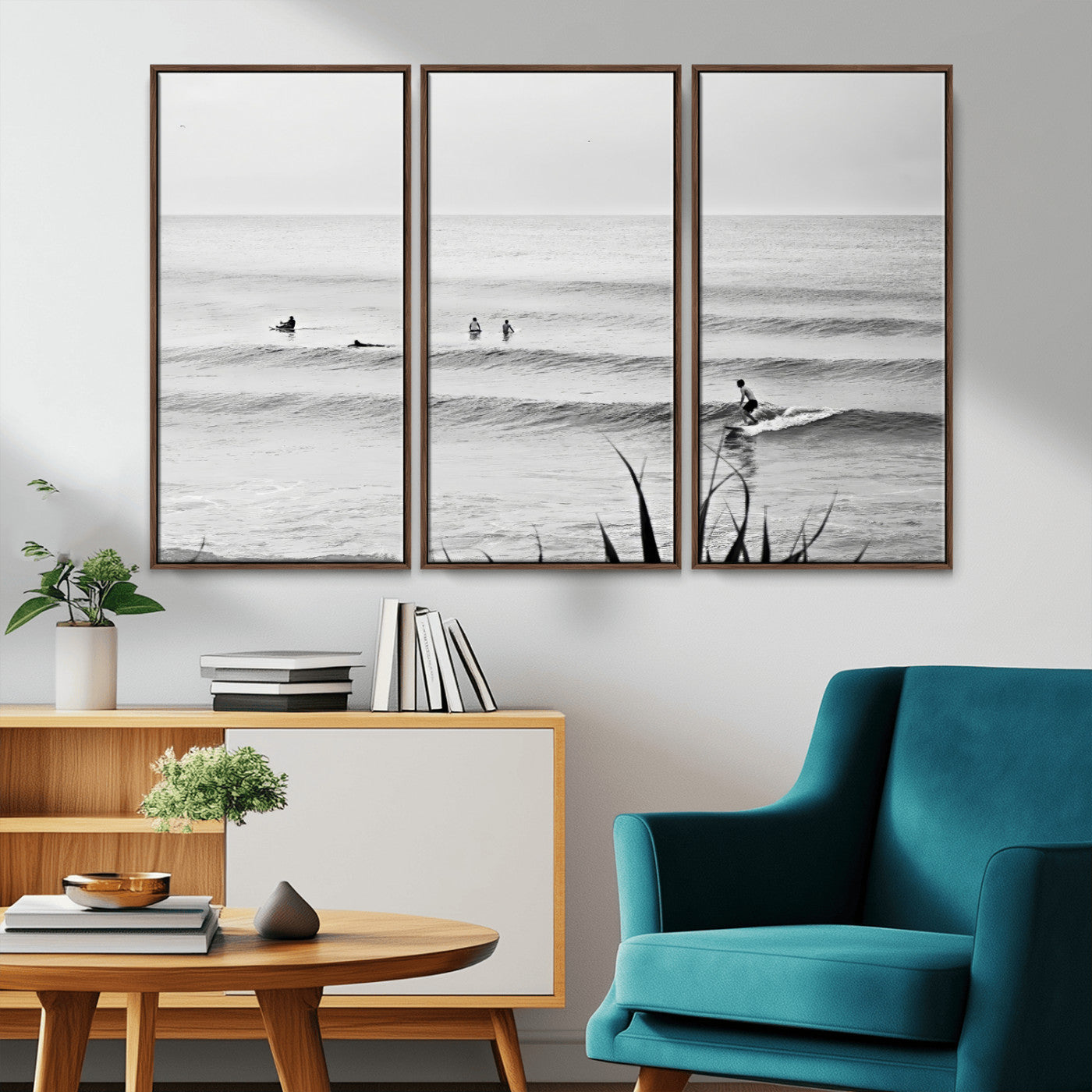MGV-FC-48X32-3P - Surfer Silhouette Wall Art Canvas Print, Framed Calm Ocean Art Picture Print, Monochrome Surf Perfect Minimalist Coastal Decor Artwork